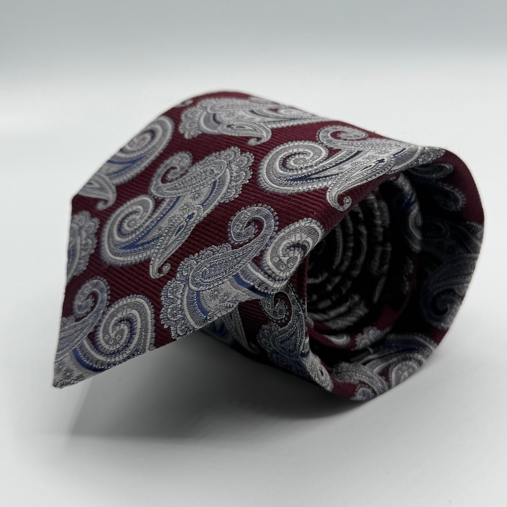 Jos A Bank Executive Collection Silk Tie Burgundy Silver Blue Paisley Mens